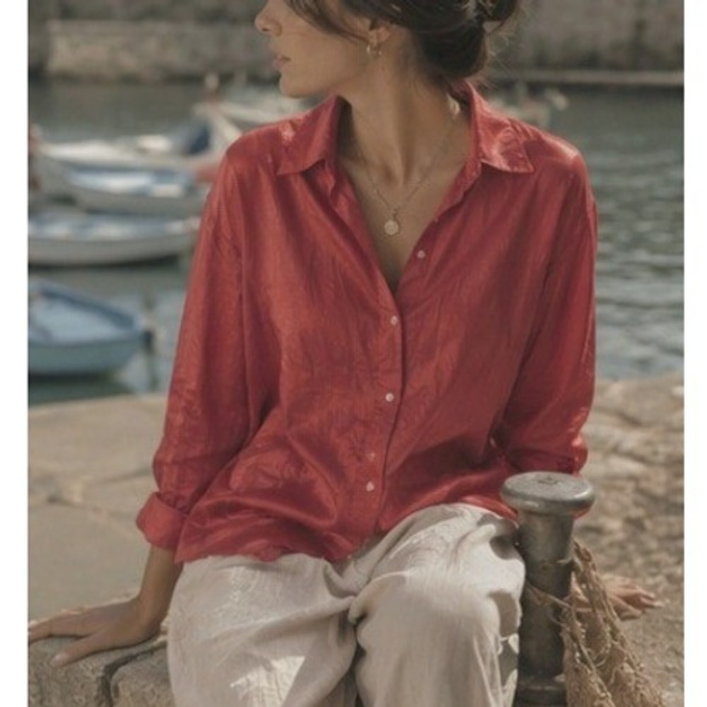 J.Jill Linen Blend Button Down Shirt Metallic Large Red Top Lagenlook Coastal